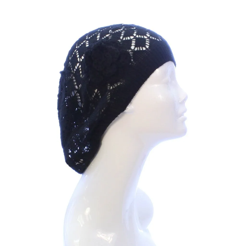 Womens Diamond Weave Flower Beanie