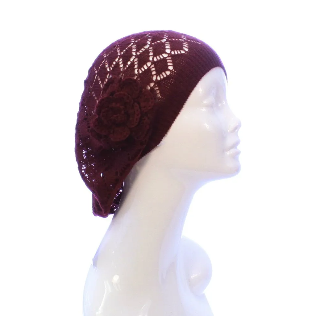 Womens Diamond Weave Flower Beanie