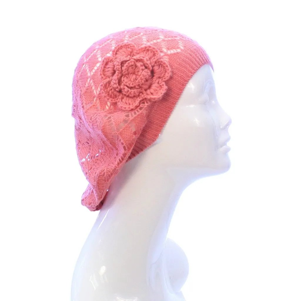 Womens Diamond Weave Flower Beanie